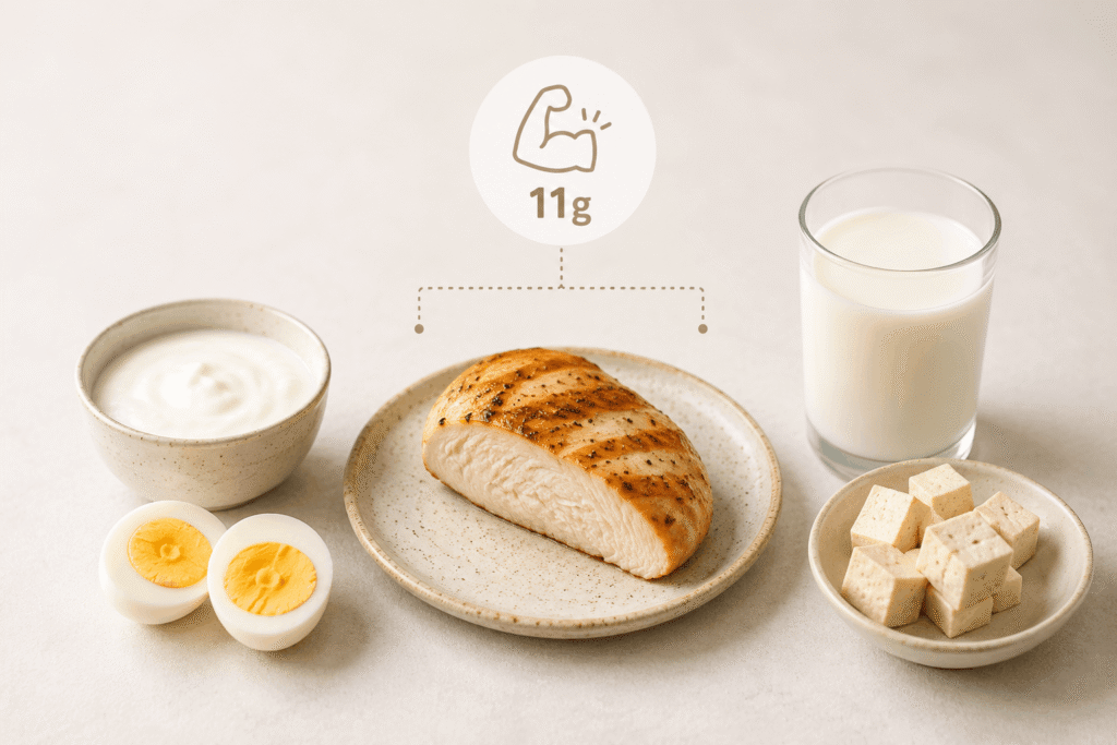 The protein count is 11 g per 100 g. For a dairy product that is quite a lot.