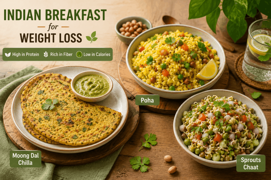 Indian breakfast for weight loss spread with moong dal chilla poha and sprouts on a wooden table