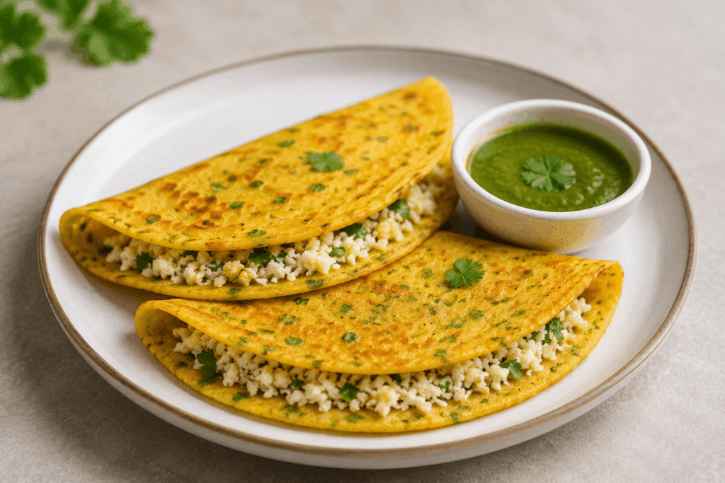 High protein bean Cheel stuffed with grated paneer served with green chutney on a plate