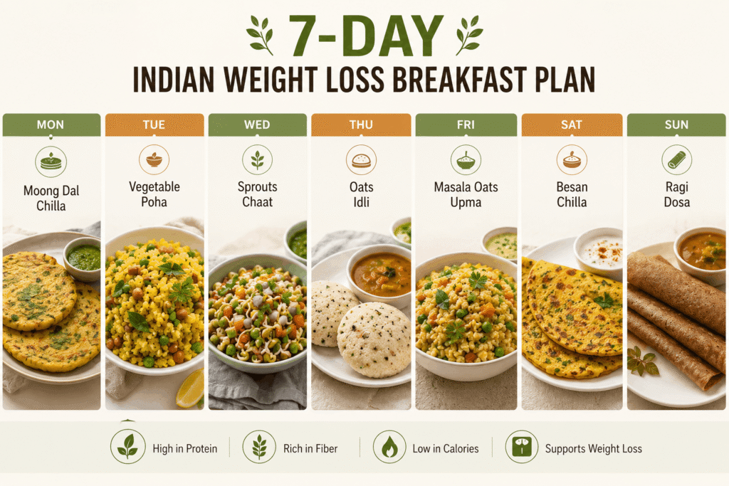 Seven day Indian weight loss breakfast plan chart with healthy desi meal options