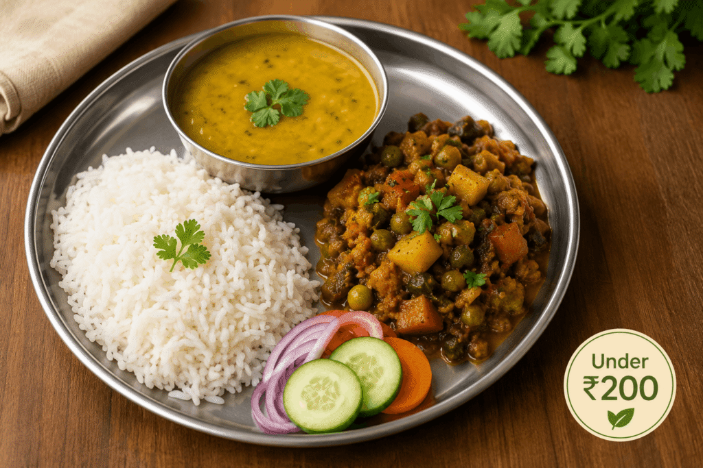 Affordable healthy Indian meal of dal chawal with seasonal sabzi on a steel plate under 200 rupees