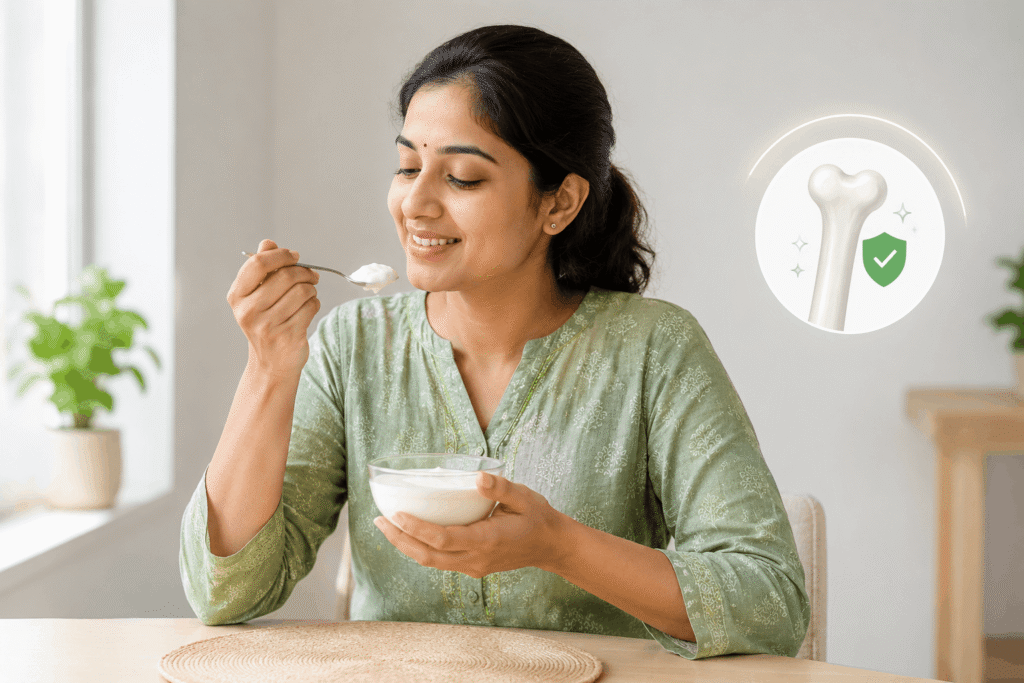 Indian woman eating curd daily for calcium and strong bone health