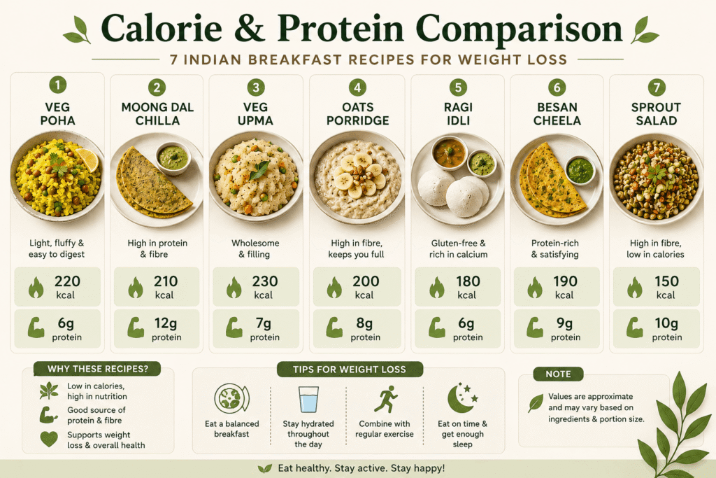 Calorie and protein comparison chart of 7 Indian breakfast recipes for weight loss