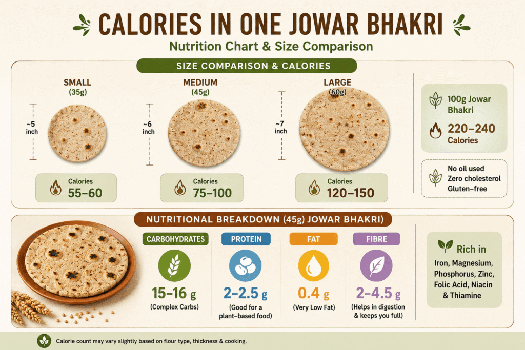 Calories and nutrition facts of one standard jowar bhakri 45 grams