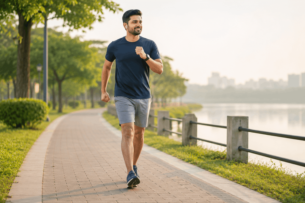 Indian man doing brisk walking for cardiovascular health