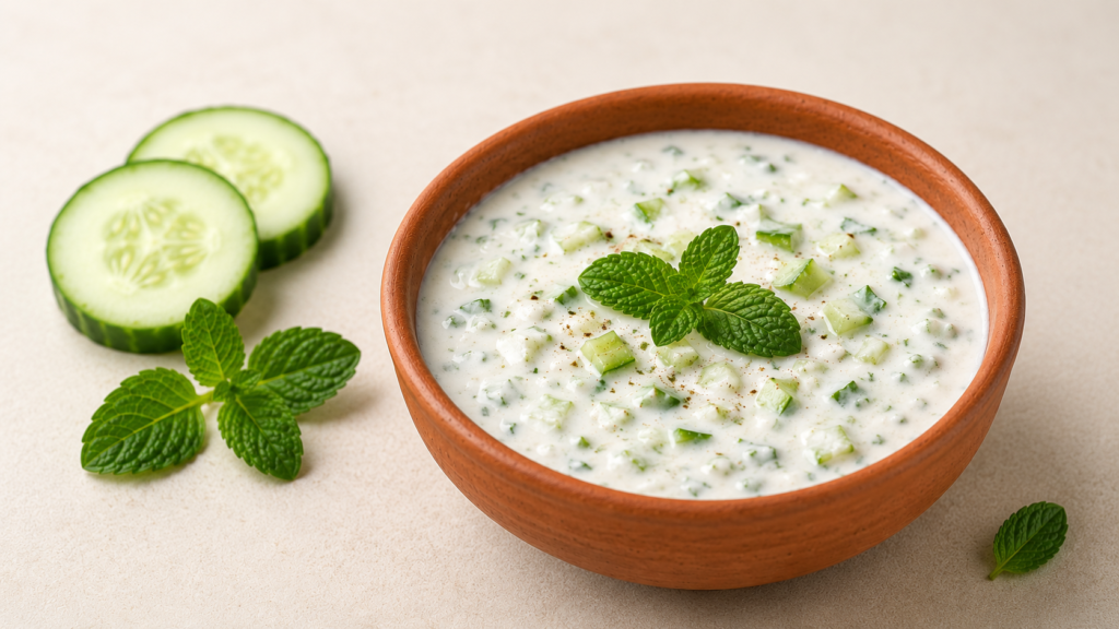 Mint and cucumber raita served in a clay bowl, a healthy curd recipe for gut health and digestion