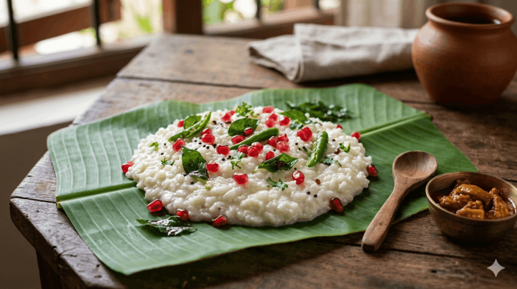 South Indian curd rice garnished with pomegranate and curry leaves, a healthy dahl recipe for lunch