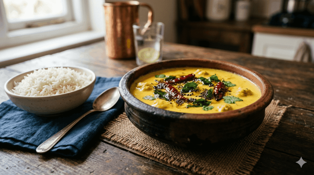 Golden dahl khadi with mustard seed tempering in a bowl, a traditional healthy curd recipe from North India