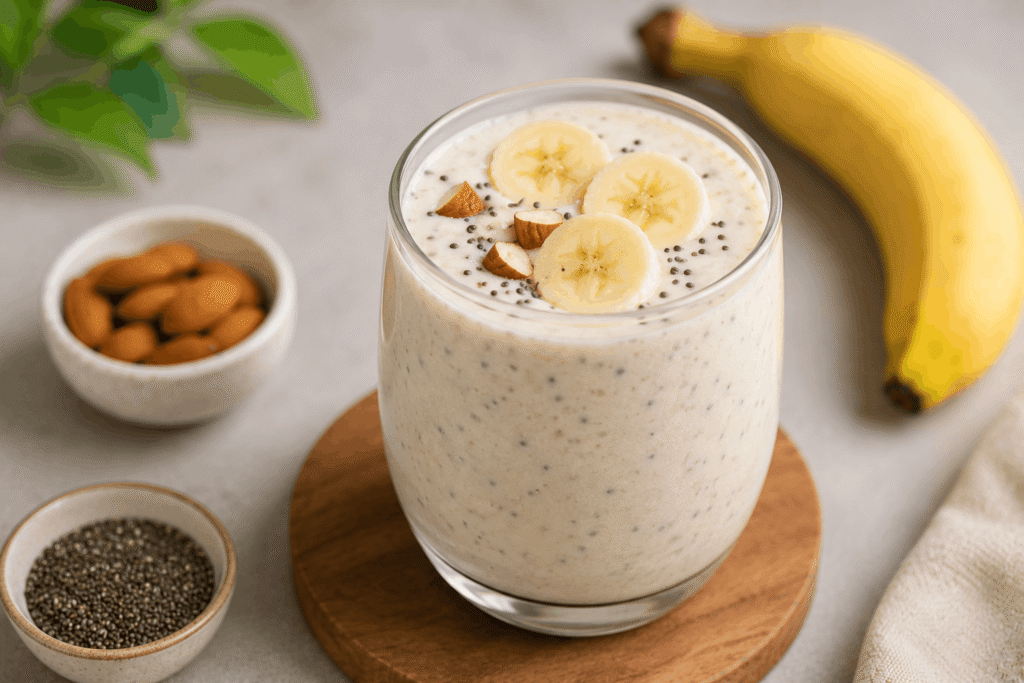 Low fat dahl smoothie with banana, chia seeds and soaked almonds in a glass — quick Indian breakfast for weight loss