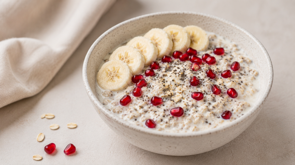 Dahi oats breakfast bowl topped with banana slices and pomegranate seeds, a protein-rich healthy curd recipe