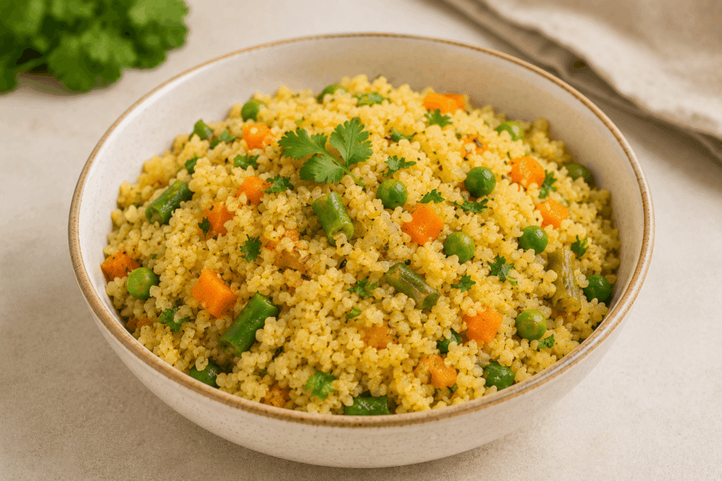 Broken wheat daily upma with cumin seeds, mixed vegetables and fresh coriander in a bowl