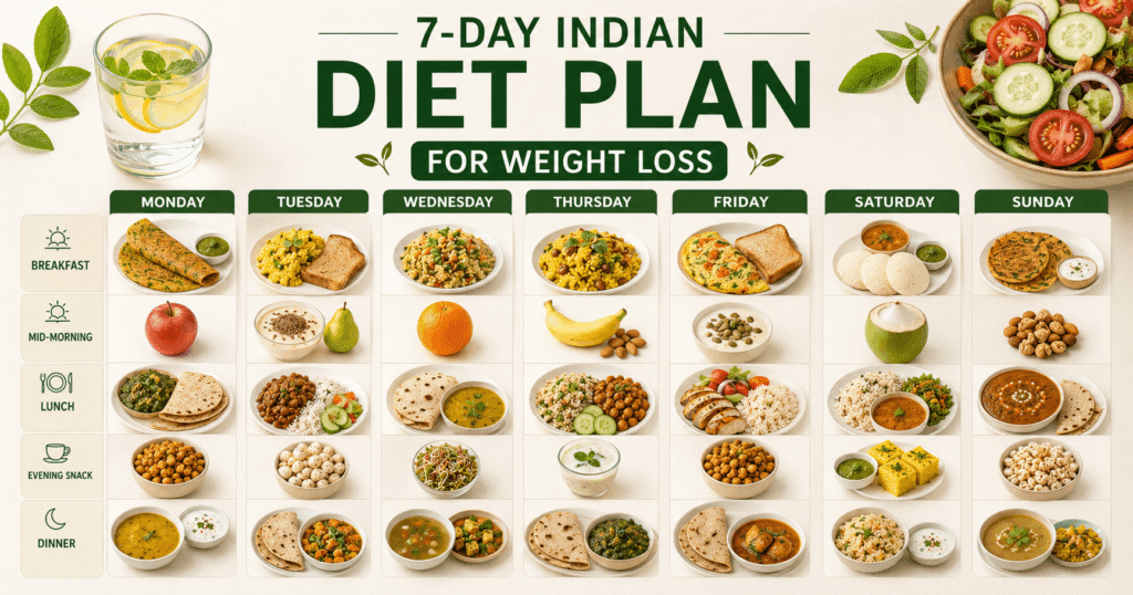Handwritten Indian diet plan chart with calorie deficit meal timings