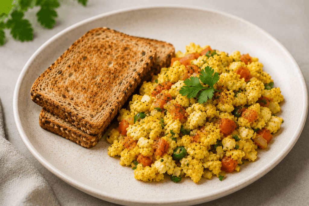 Spiced egg white bhaji with onion, tomato, green chili and turmeric served with multigrain toast