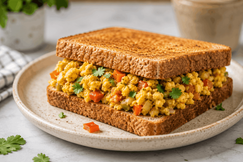 Egg bhaji sandwich on toasted brown bread — a quick high-protein healthy fast food recipe ready in 12 minutes