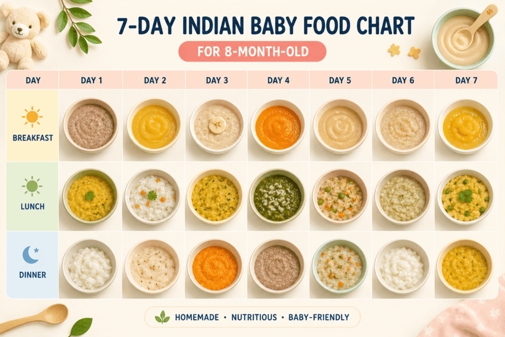 Indian mother feeding 8-month baby soft khichdi in a bowl at home