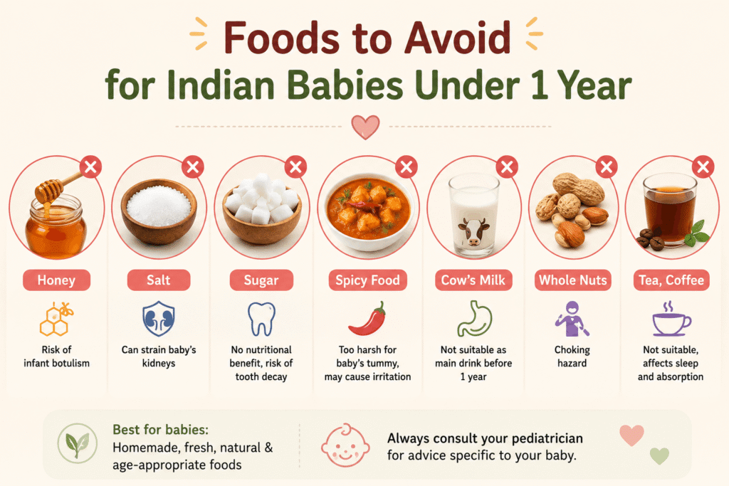 Foods to avoid for Indian babies under 1 year including honey salt sugar and spicy food