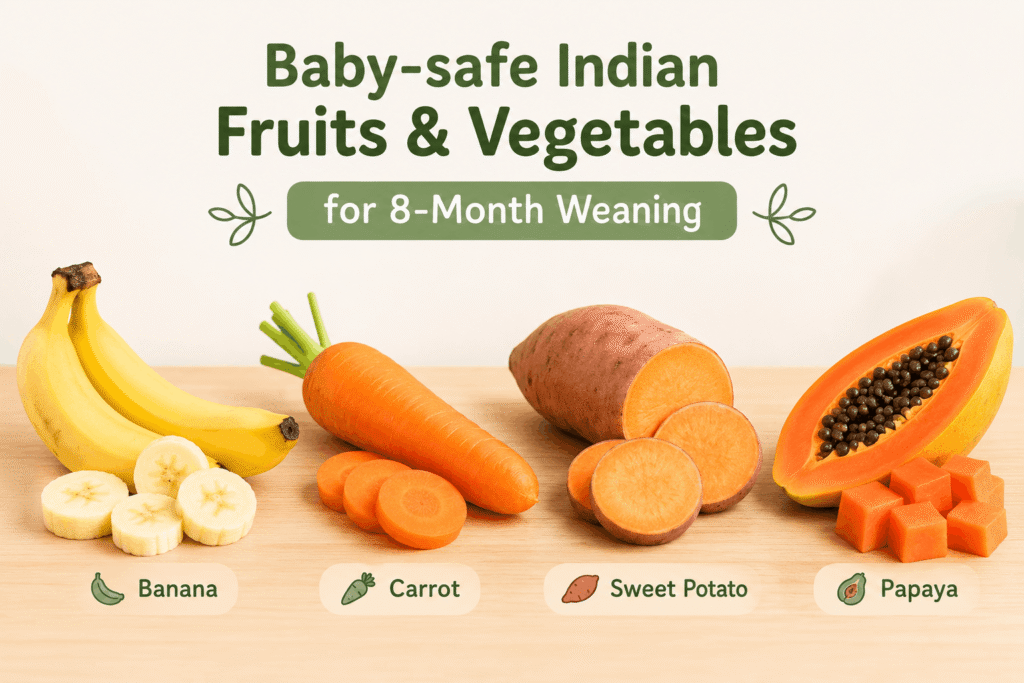Baby-safe Indian fruits and vegetables for 8-month weaning including banana carrot sweet potato and papaya