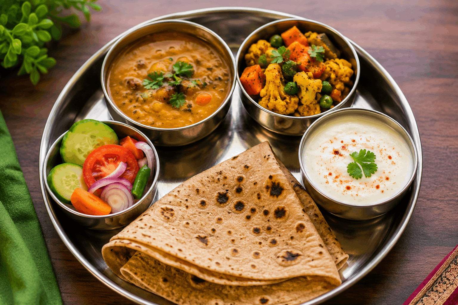 A colourful Indian thali with dal, roti, sabzi, curd and salad illustrating how nutrition works in a balanced Indian diet