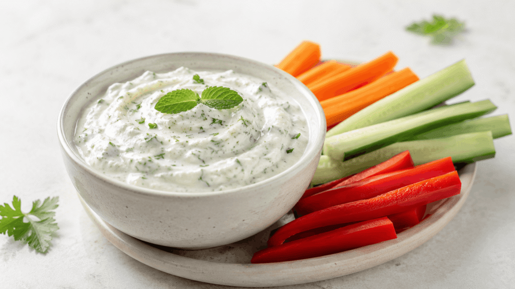 Thick hung curd dip with herbs served with vegetable sticks, a healthy low-calorie curd recipe alternative to mayo