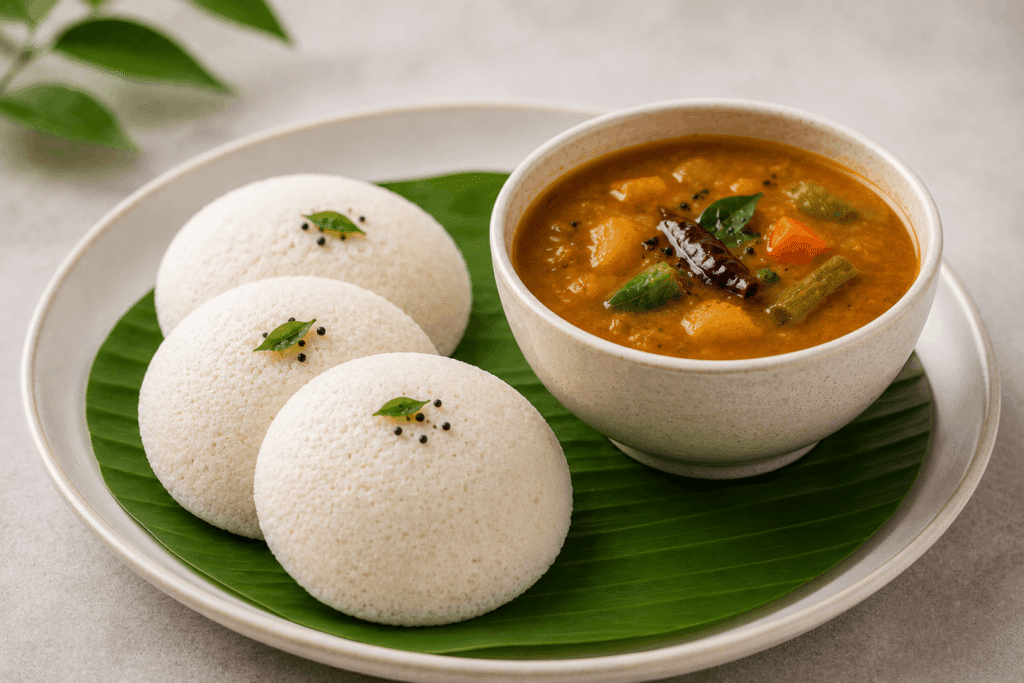 Soft steamed idlis served with a bowl of vegetable sambhar — probiotic Indian breakfast for weight loss