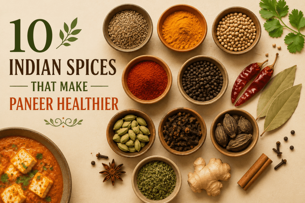 Whole spices used in paneer masala powder including cumin, coriander, cloves, cardamom and turmeric arranged on a white surface