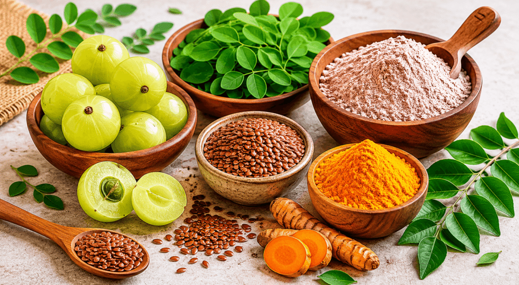 Indian superfoods flat lay showing amla, moringa, ragi flour, flaxseeds, turmeric and curry leaves