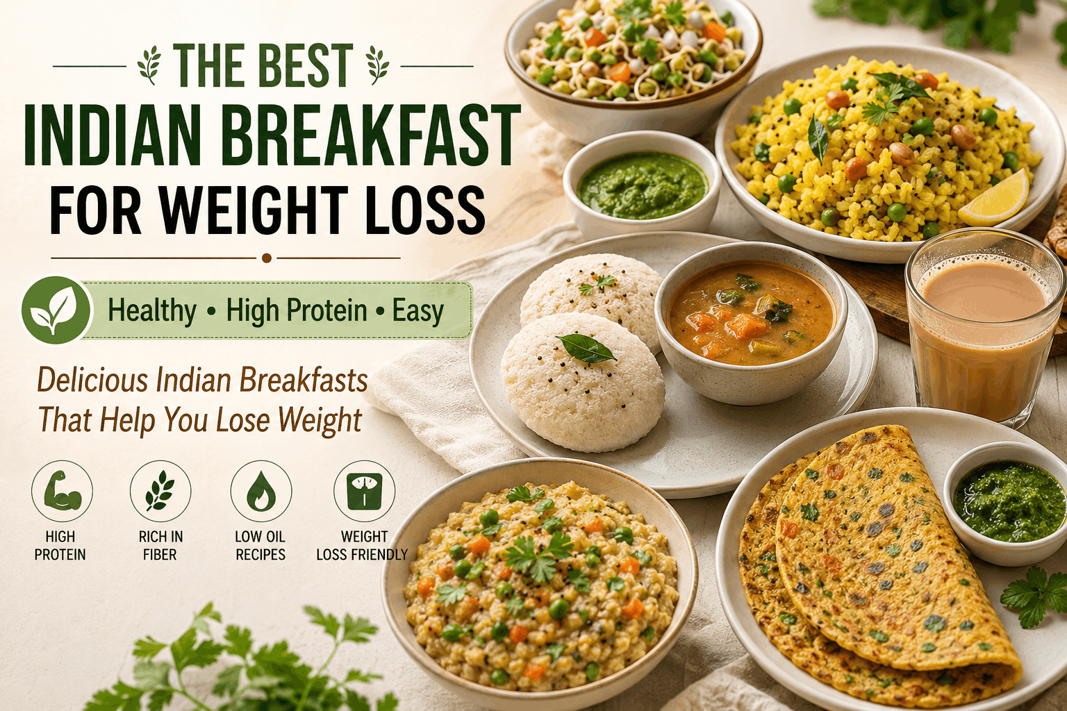 Indian weight loss breakfast ingredients including moong dal, ragi, oats, besan and fresh vegetables arranged on a kitchen table
