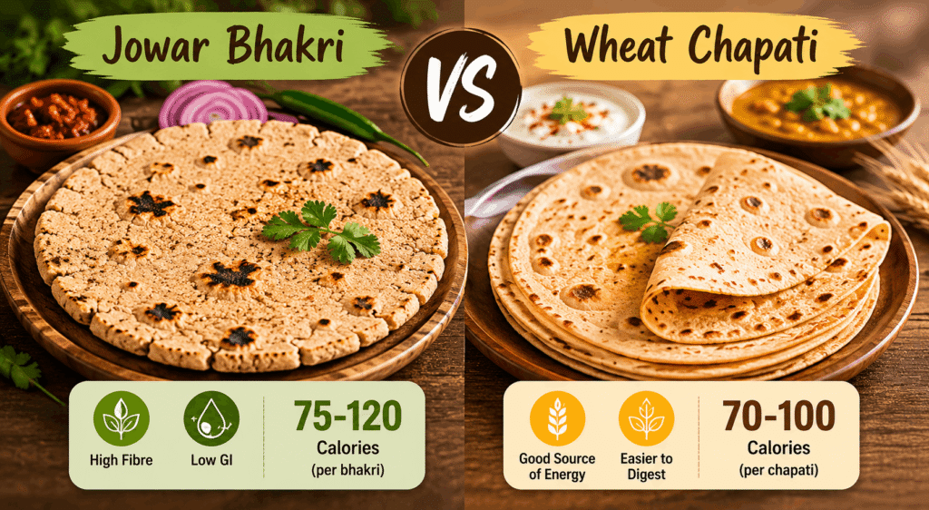 Side by side comparison of jowar bhakri and wheat chapati nutrition and calories