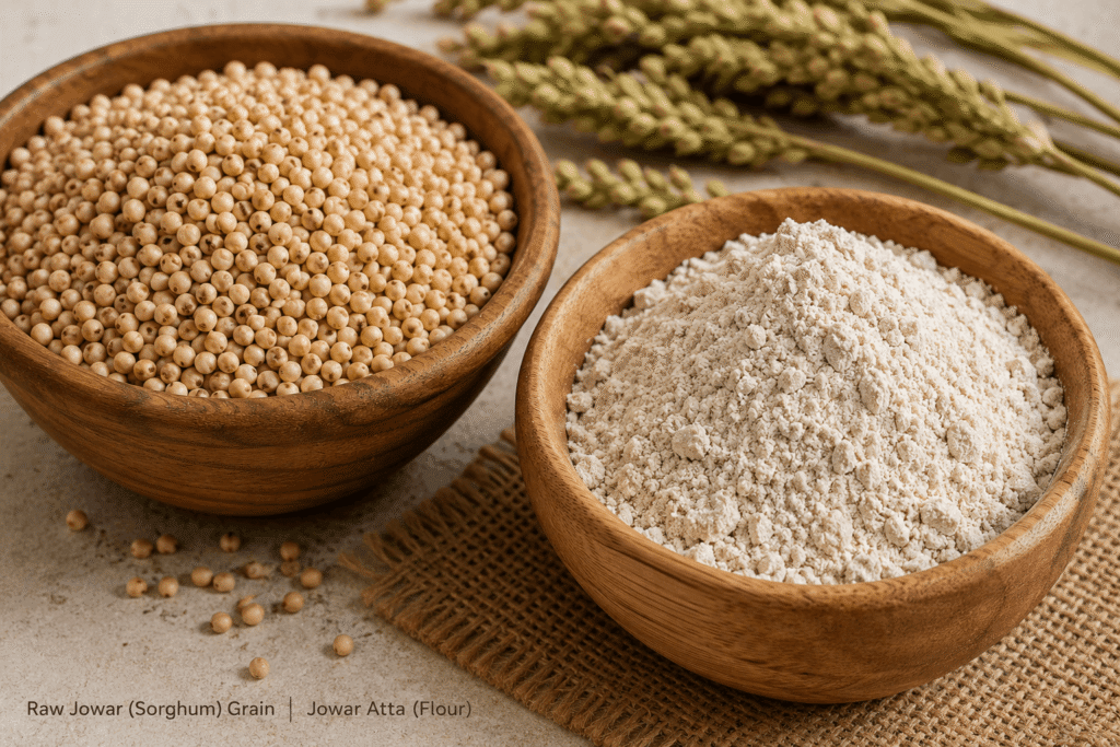 Raw jowar sorghum grain and jowar atta flour used to make bhakri