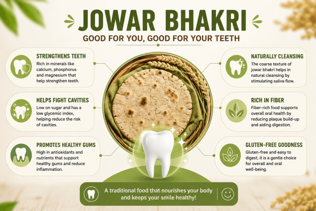 jowar Bhakra health infographic with dental wellness benefits and nutrition highlight