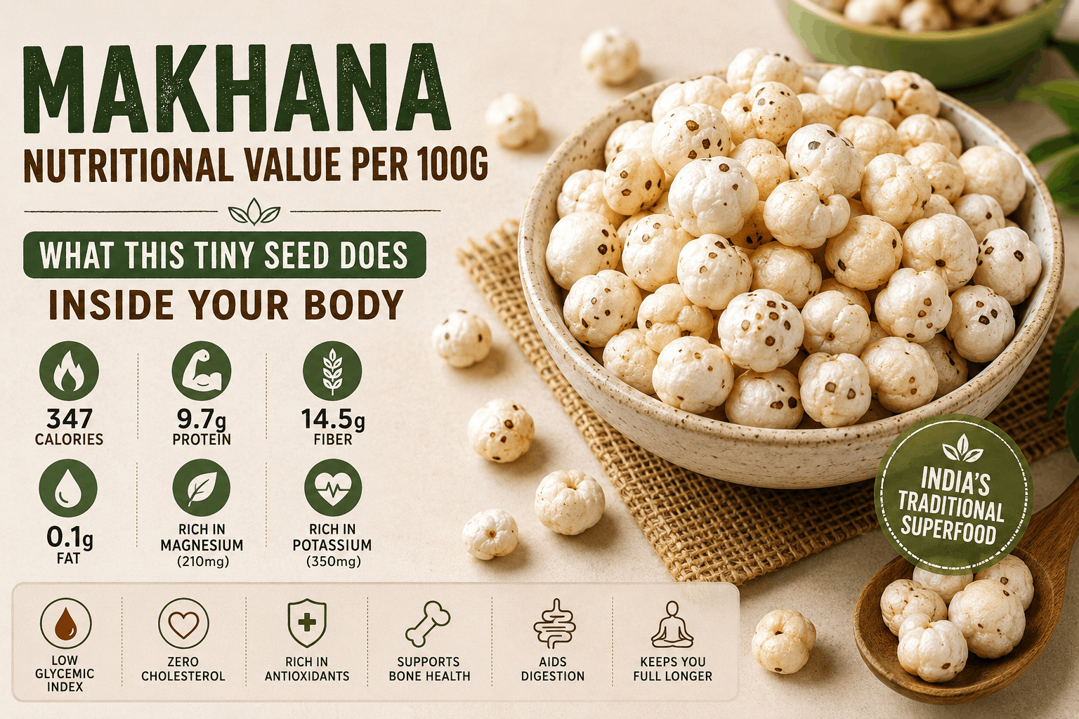 Makhana nutritional value per 100g — roasted fox nuts in a wooden bowl