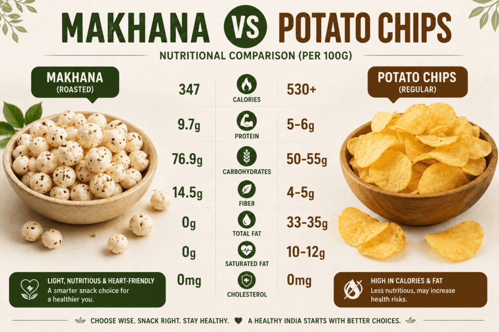 Makhana vs potato chips nutritional comparison healthy snack India
