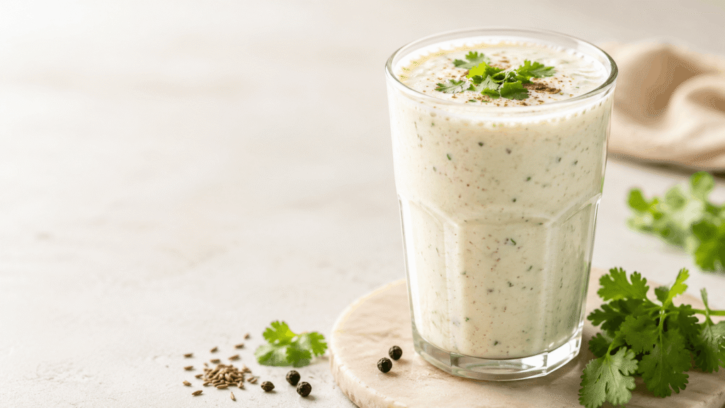 A tall glass of spiced masala chaas with coriander garnish, a healthy Indian curd drink for digestion