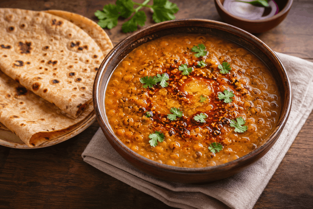 	Bowl of masoor dal with ghee tadka and fresh coriander served alongside whole wheat roti