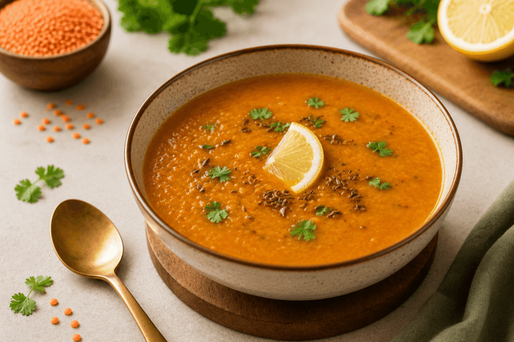 A warm bowl of masoor dal soup garnished with cumin and lemon — an iron-rich healthy fast food recipe for Indian homes