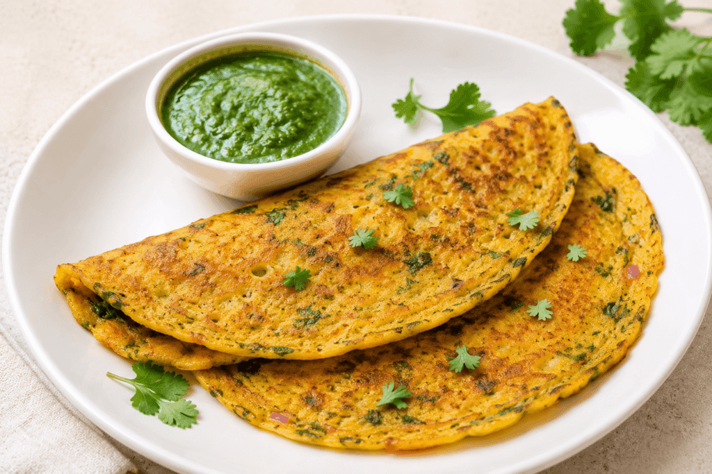 Golden moong dal chill served with green mint chutney and fresh coriander on a white plate