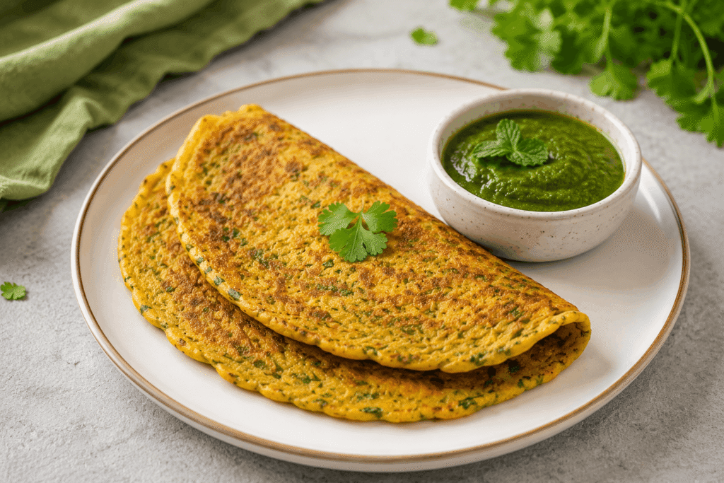 Golden moong dal chill served on a plate with green mint chutney — a high-protein healthy fast food recipe