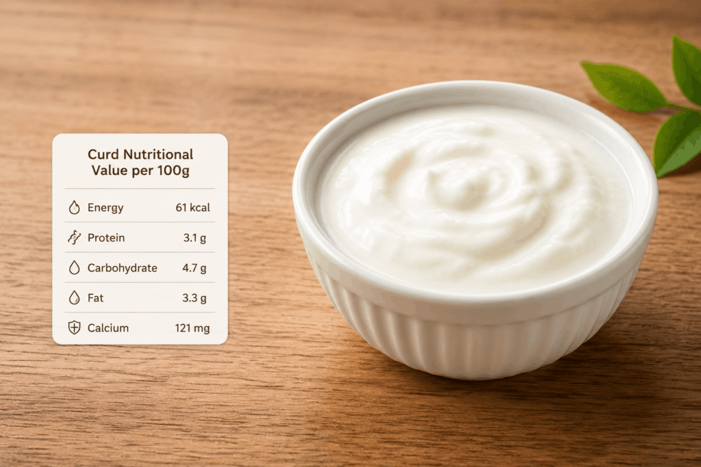 Complete nutrition facts table for 100g of plain homemade curd