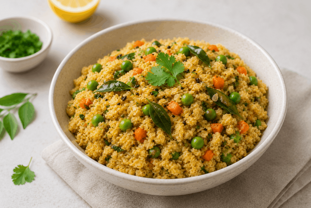 Bowl of vegetable oats upma with mustard seeds, curry leaves and peas — healthy Indian breakfast for weight loss