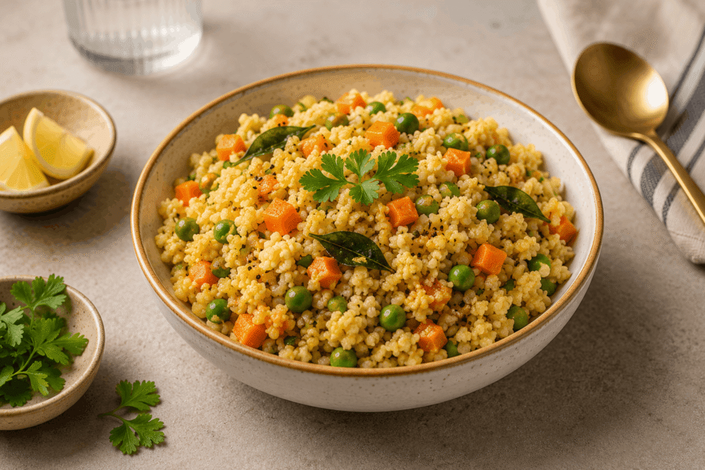 A bowl of oats upma with carrots, peas, and curry leaves — a quick healthy breakfast recipe for Indians