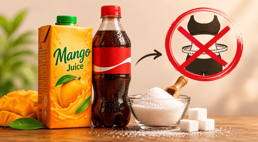 Packaged mango juice and cold drinks with hidden sugar harmful for Indian weight loss