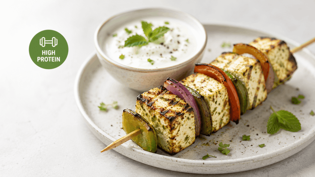 Curd-marinated paneer tikka pieces on a skewer, a high-protein healthy curd recipe for fitness enthusiasts