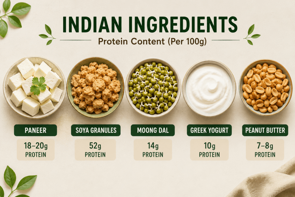 Infographic table showing protein content of common Indian ingredients including paneer, soya, moong dal and Greek yogurt