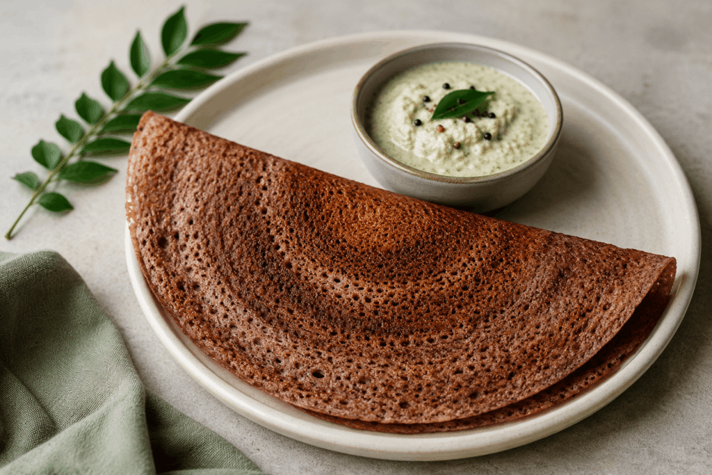 	Crispy homemade ragi dosa served with coconut chutney — healthy South Indian breakfast recipe