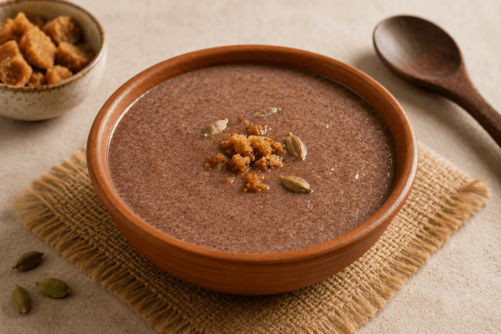 Warm ragi finger millet porridge in a clay bowl with cardamom and jaggery — calcium rich Indian breakfast