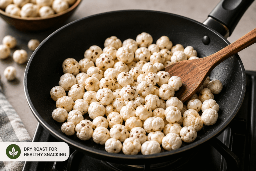 Dry roasting makhana in a pan for healthy low calorie Indian snack