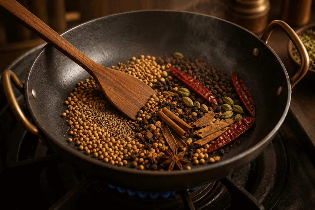 Dry roasting whole spices for homemade paneer masala powder in a heavy-bottomed kadai on low flame