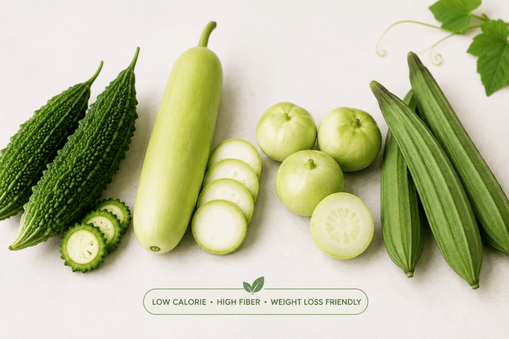 Fresh karela lauki tinda and turai Indian vegetables for low calorie weight loss