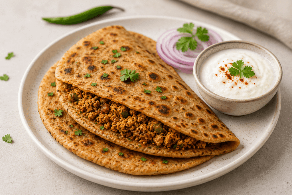 Whole wheat soya keema paratha with curd on the side — budget-friendly high protein Indian breakfast