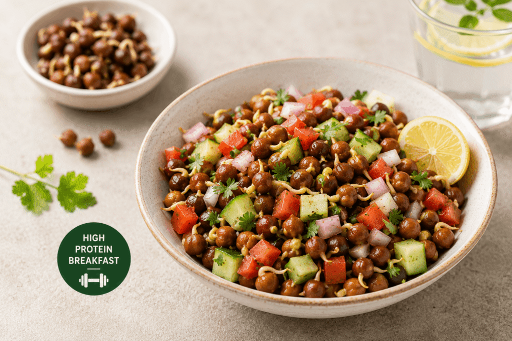 Sprouted kala chana chaat bowl with chopped vegetables and lemon — easy high protein breakfast for fitness